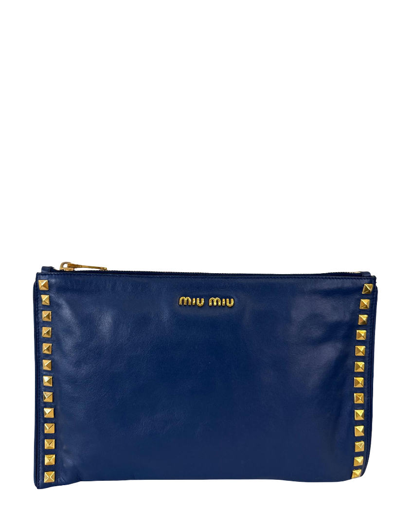 Miu Miu Navy Blue Studded Leather Zip Clutch