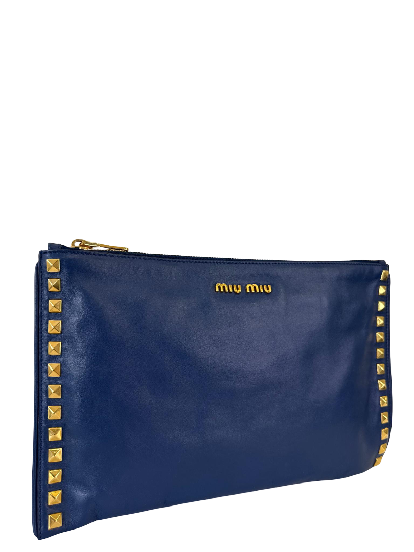 Miu Miu Navy Blue Studded Leather Zip Clutch