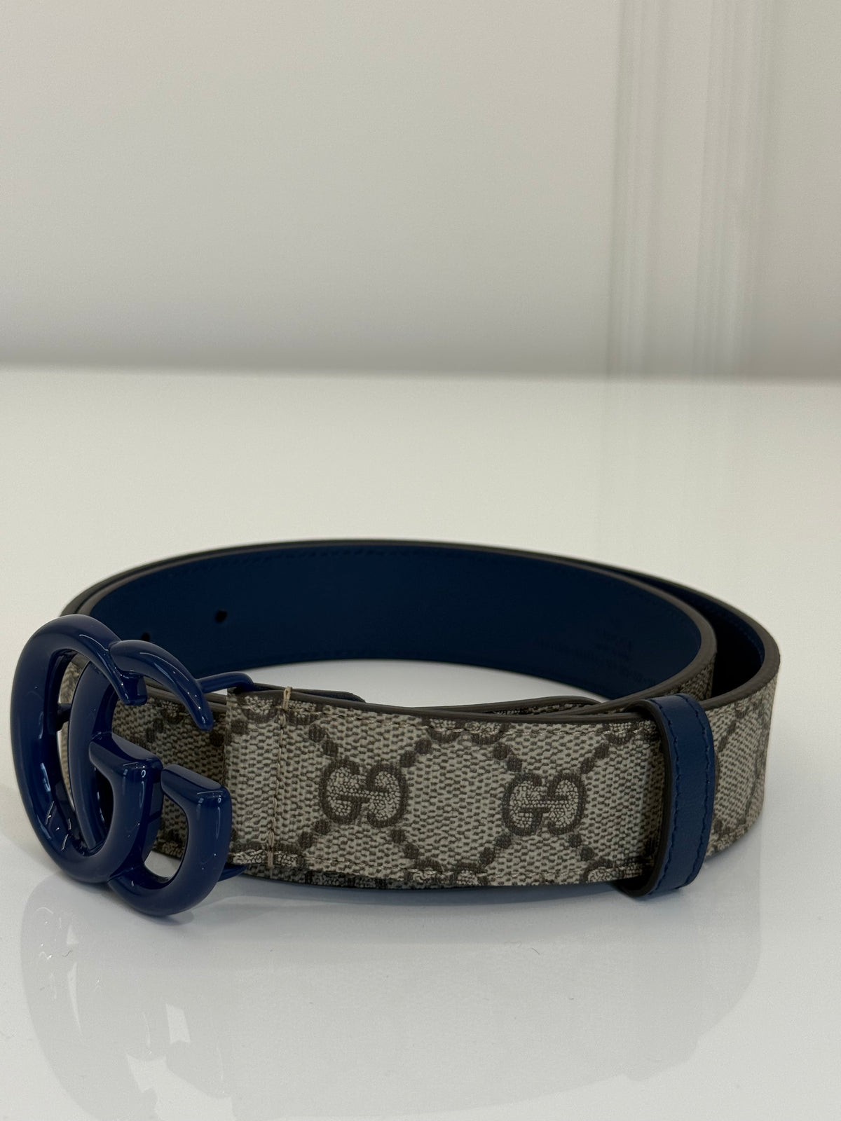 Gucci GG Marmont Beige Supreme Canvas and Blue Leather Belt