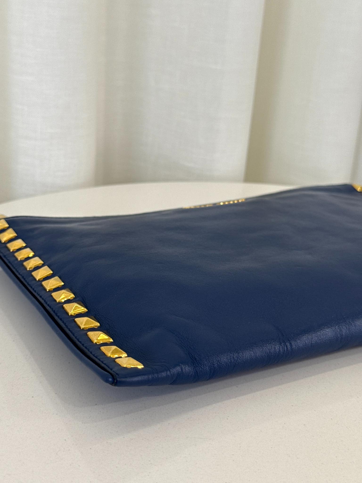 Miu Miu Navy Blue Studded Leather Zip Clutch