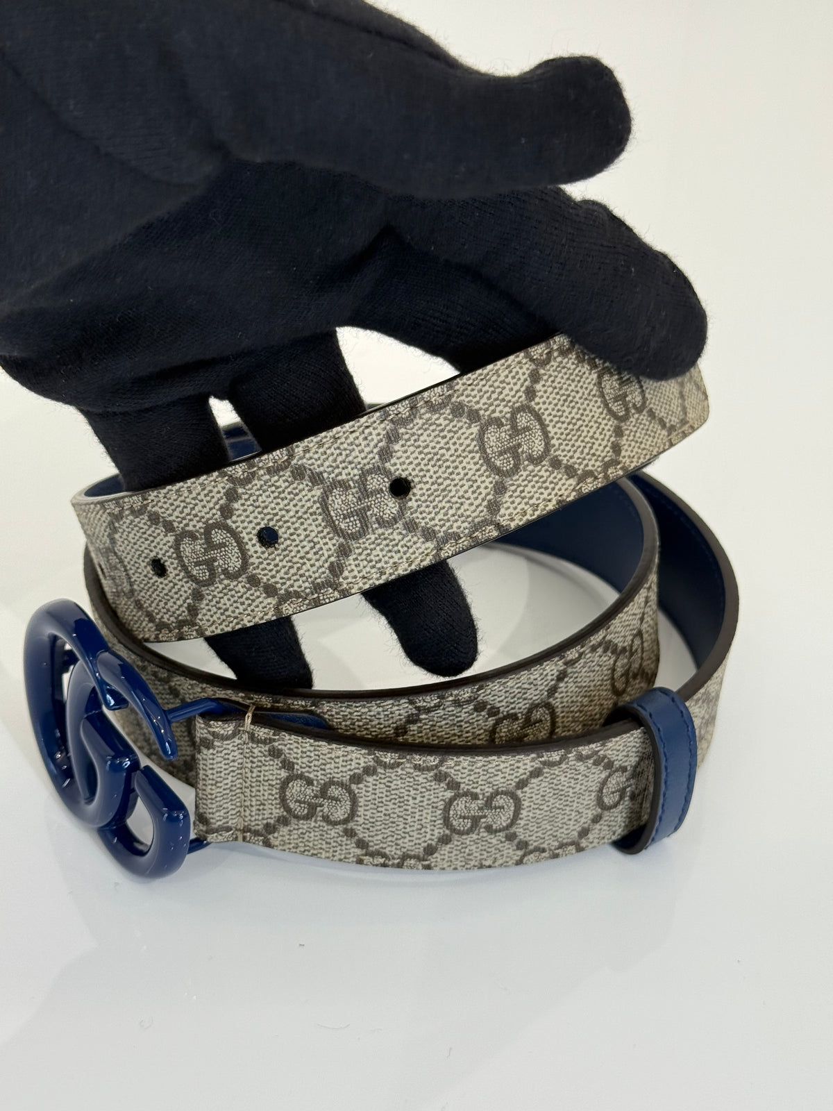 Gucci GG Marmont Beige Supreme Canvas and Blue Leather Belt
