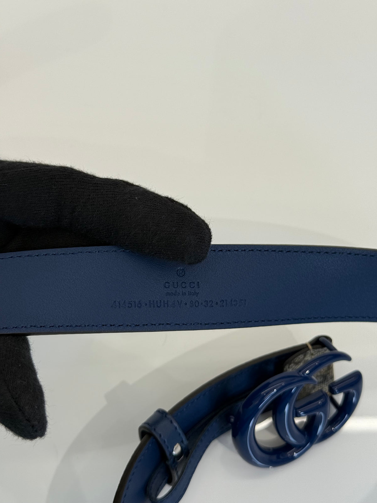 Gucci GG Marmont Beige Supreme Canvas and Blue Leather Belt