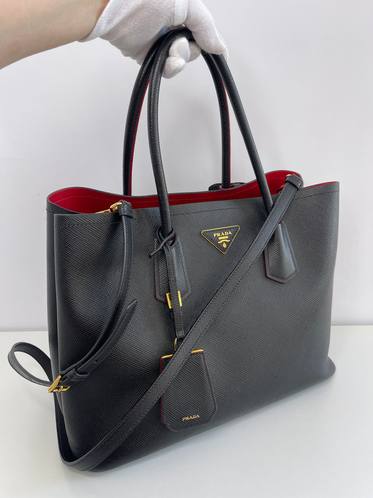 Prada Black Saffiano Leather Cuir Medium Double Bag