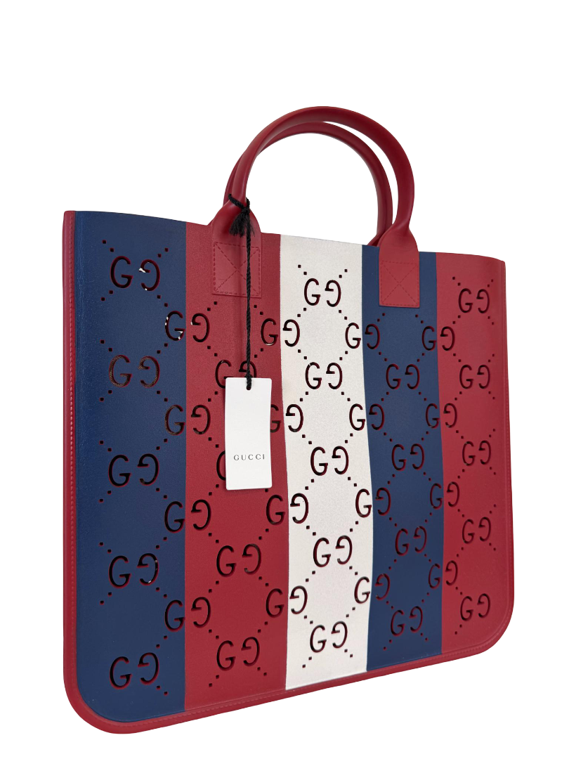 Gucci GG White/Blue/Red Striped Rubber Tote Bag