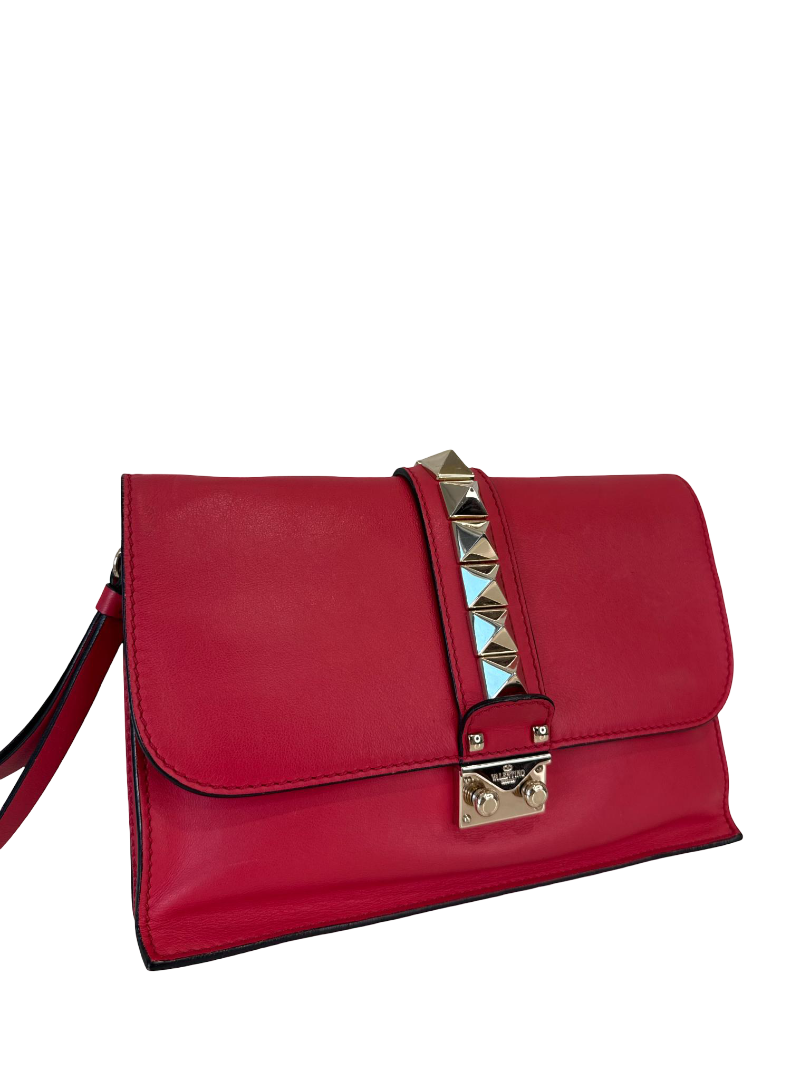 Valentino Garavani Pink Lipstick Rockstud Glam Lock Wristlet Clutch