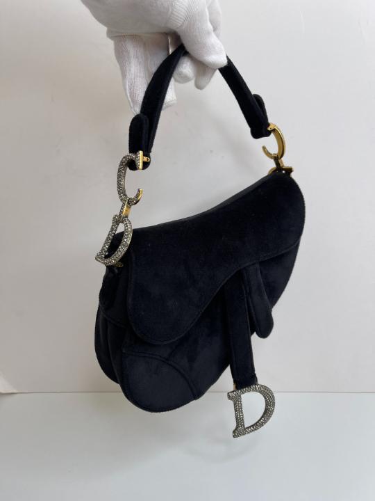 Christian Dior Black Velvet Crystals Mini Saddle Bag