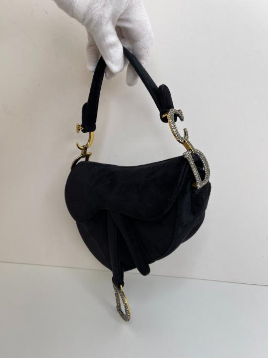Christian Dior Black Velvet Crystals Mini Saddle Bag