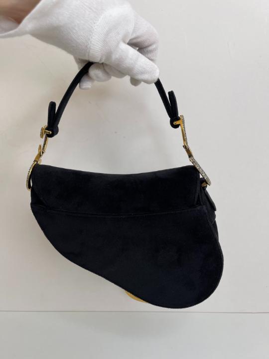 Christian Dior Black Velvet Crystals Mini Saddle Bag
