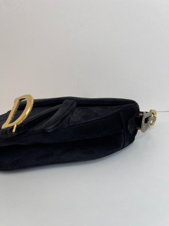 Christian Dior Black Velvet Crystals Mini Saddle Bag