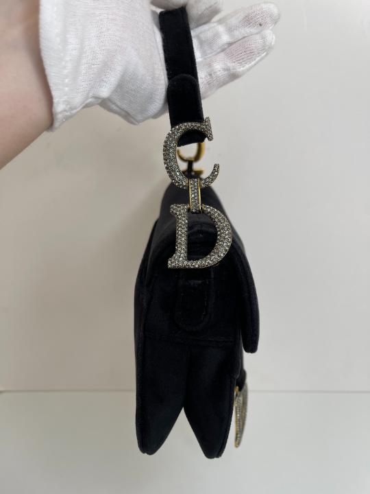 Christian Dior Black Velvet Crystals Mini Saddle Bag