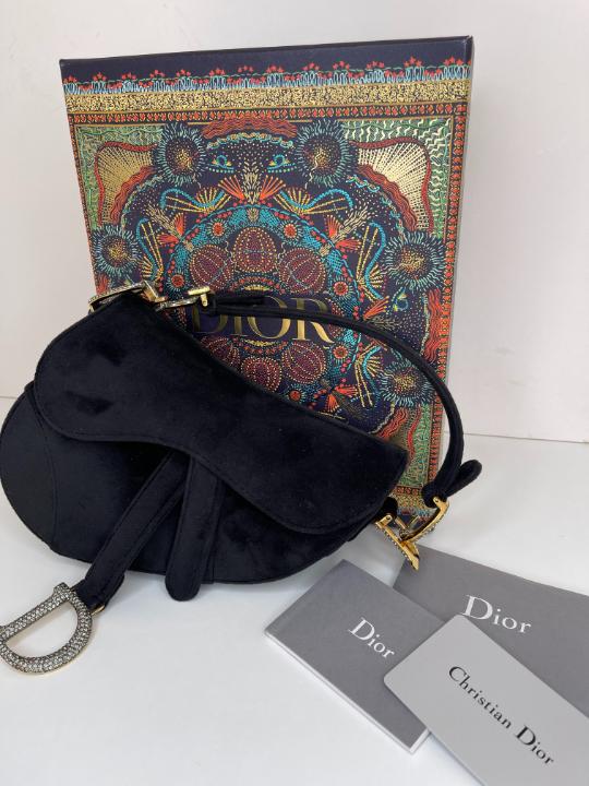 Christian Dior Black Velvet Crystals Mini Saddle Bag