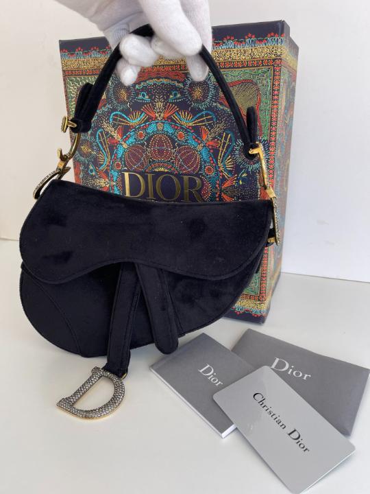 Christian Dior Black Velvet Crystals Mini Saddle Bag