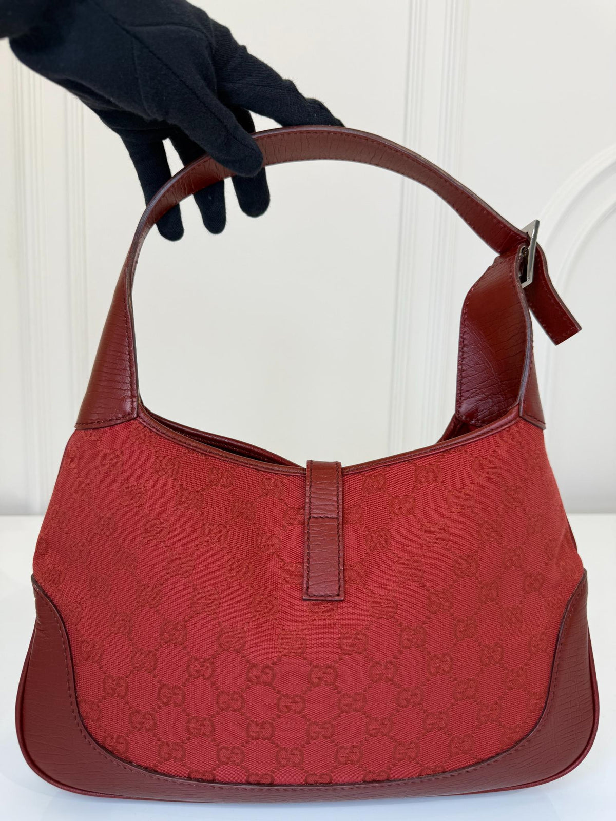 Gucci Vintage Red GG Canvas and Leather Jackie Hobo