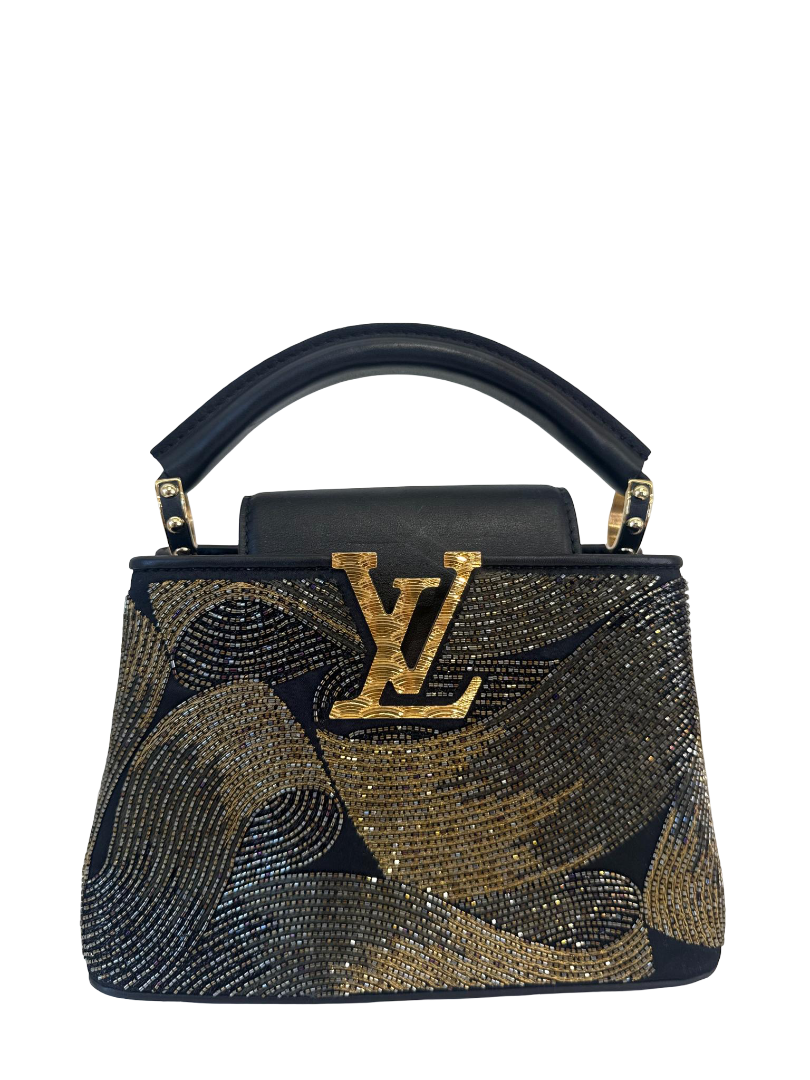 Louis Vuitton Exclusive Cruella Black/Gold Beaded Satin Mini Capucines