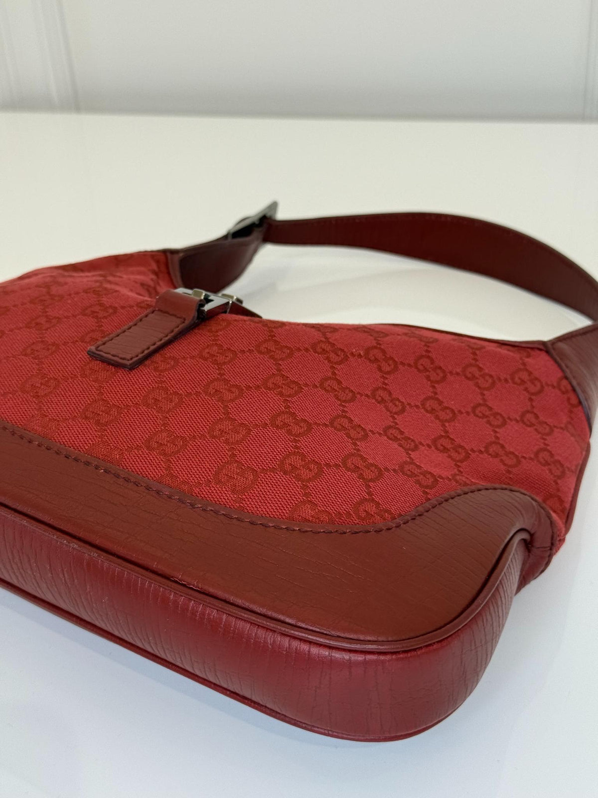 Gucci Vintage Red GG Canvas and Leather Jackie Hobo