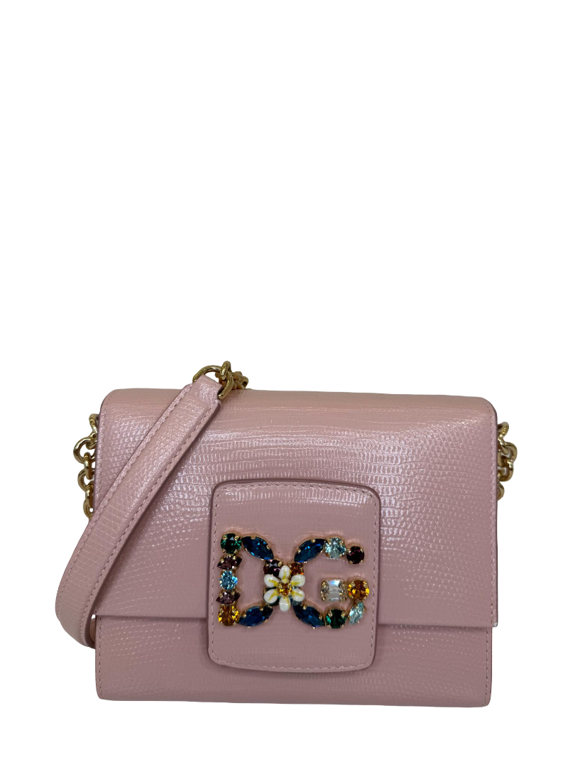 Dolce Gabbana Mini Millennials Powder Pink Iguana Embossed Leather DG Crystals