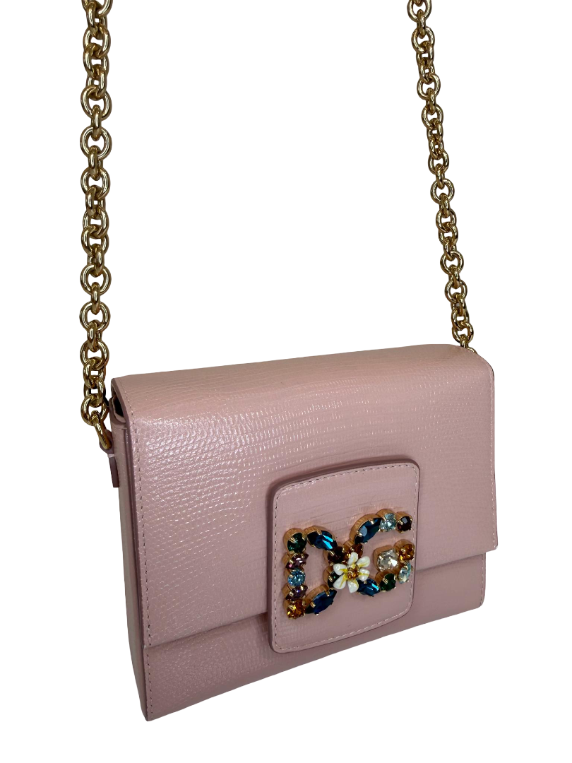 Dolce Gabbana Mini Millennials Powder Pink Iguana Embossed Leather DG Crystals