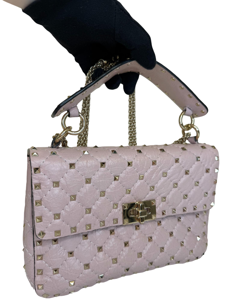 Valentino Pale Pink Quilted Nappa Leather Rockstud Spike Medium Shoulder Bag
