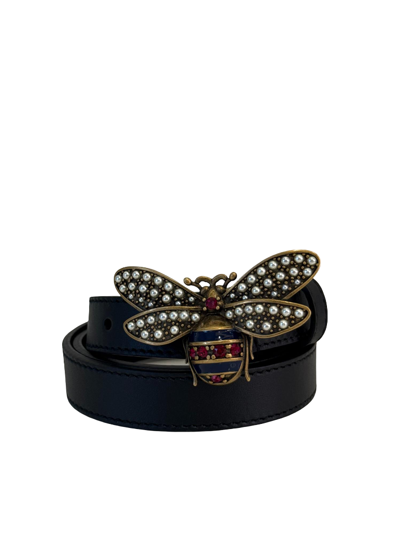 Gucci Queen Margaret Black Leather Bee Belt
