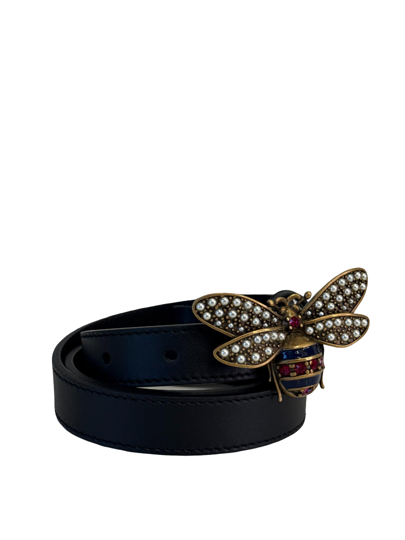 Gucci Queen Margaret Black Leather Bee Belt