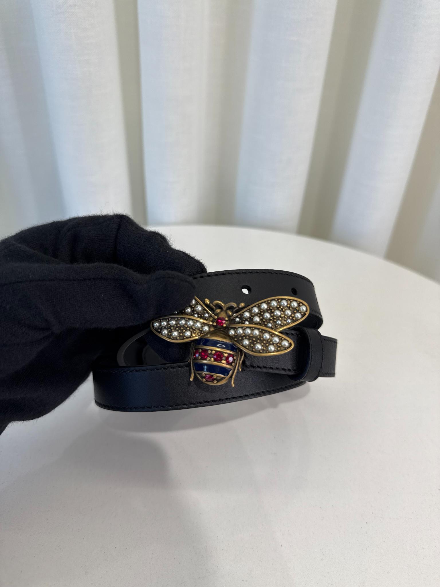 Gucci Queen Margaret Black Leather Bee Belt