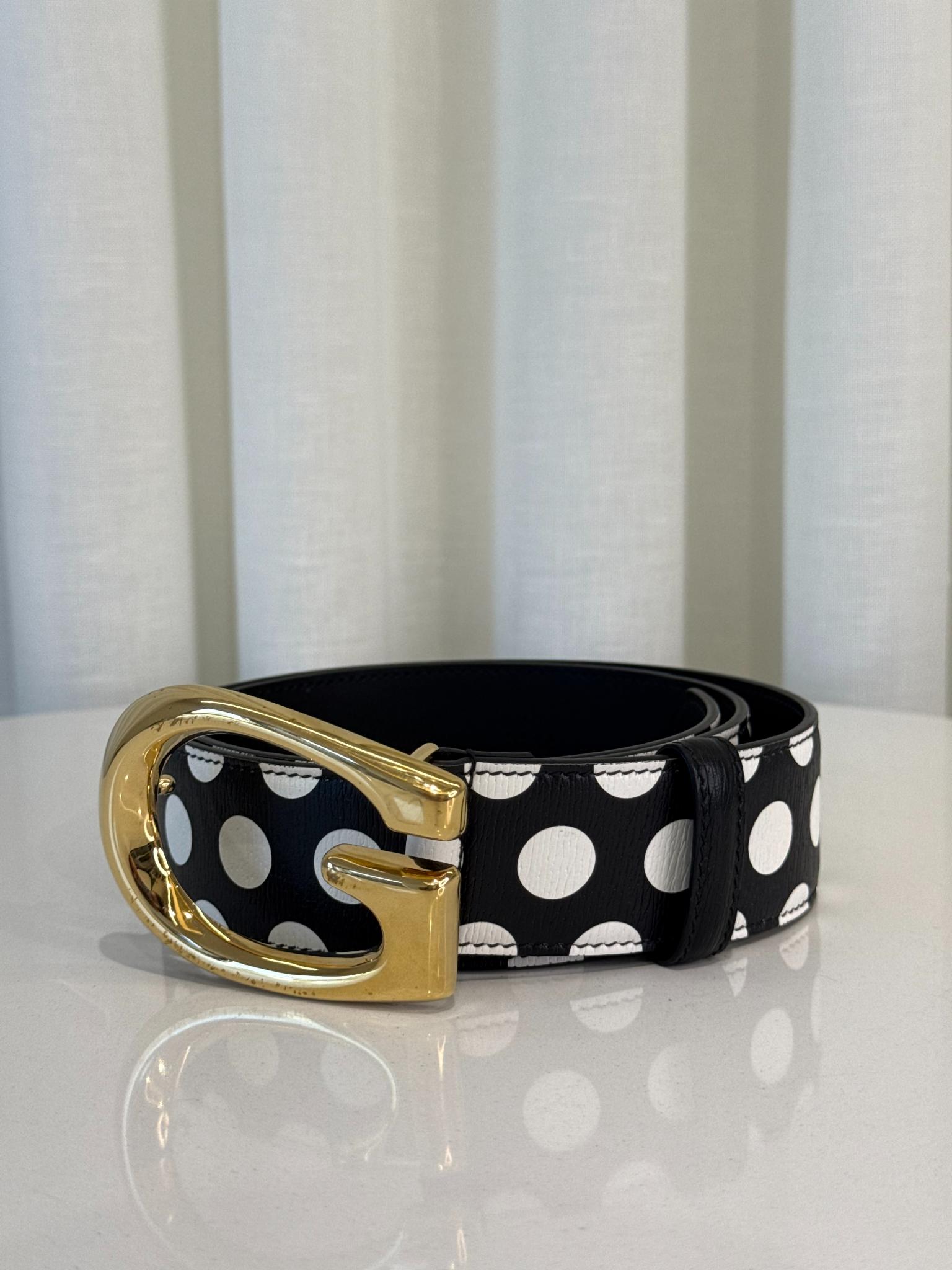Gucci Black/White Polka Dot Memorable G Buckle Leather Belt Size 85