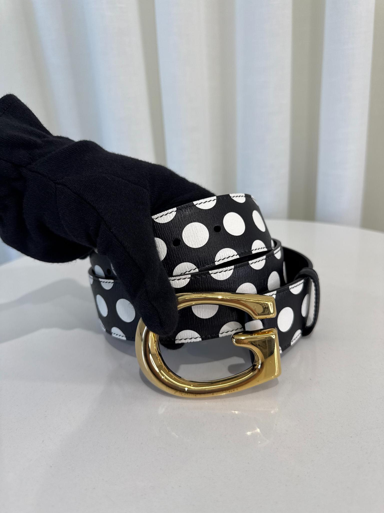 Gucci Black/White Polka Dot Memorable G Buckle Leather Belt Size 85