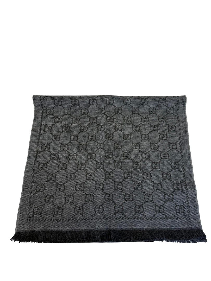 Gucci Grey GG Jacquard Pattern Knitted Wool Scarf