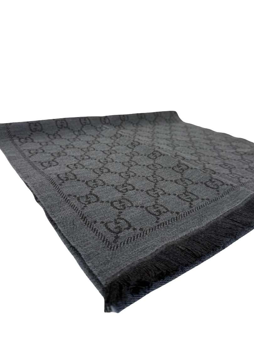 Gucci Grey GG Jacquard Pattern Knitted Wool Scarf