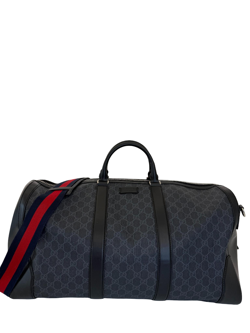 Gucci Black GG Supreme Canvas and Leather Carry On Duffle Bag