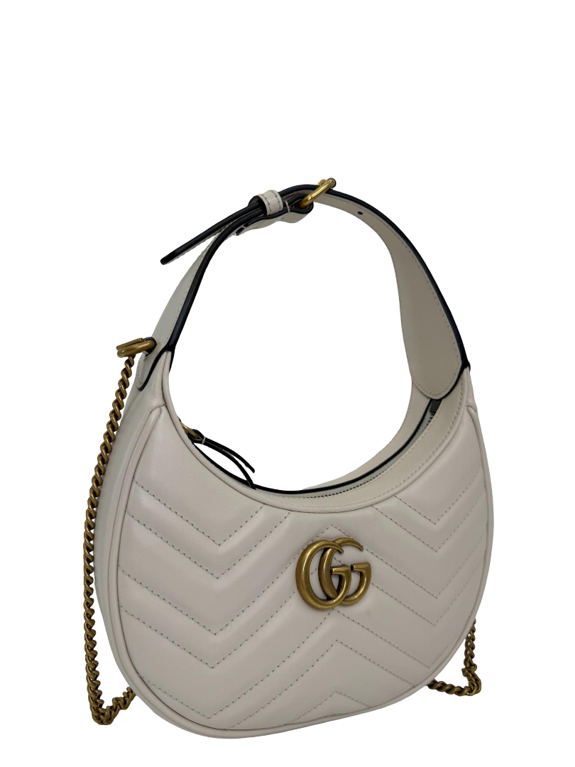 Gucci GG Marmont Mini Half Moon Hobo Bag White Calf Leather