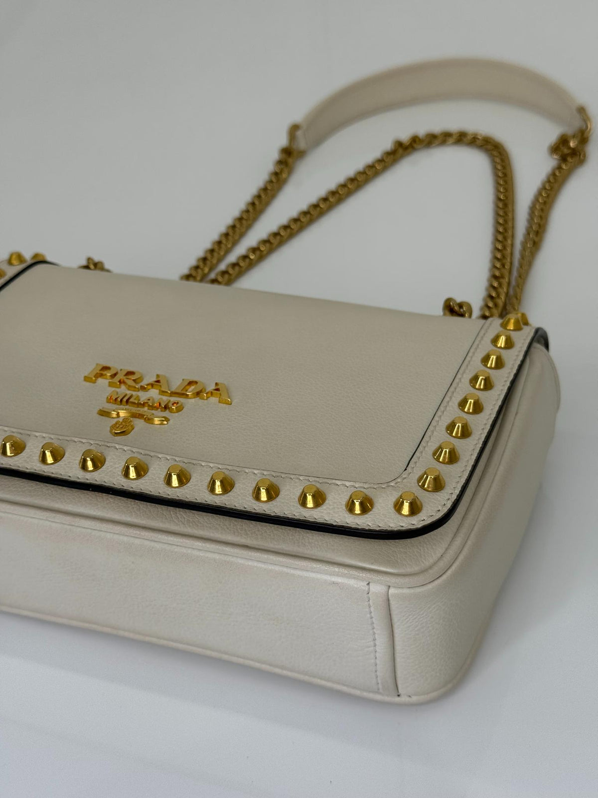 Prada Pattina White Gold Studded Shoulder Bag