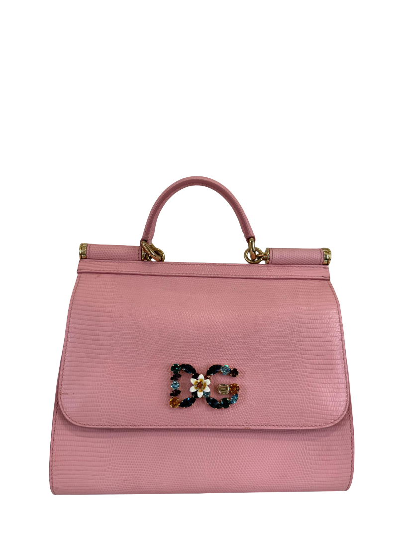 Dolce Gabbana Medium Miss Sicily Pink Iguana Embossed Leather Crystal DG Logo