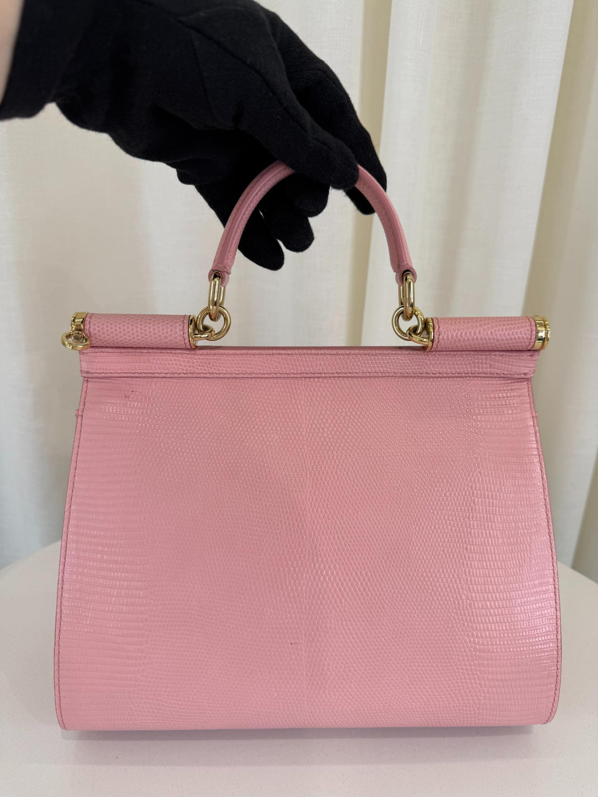 Dolce Gabbana Medium Miss Sicily Pink Iguana Embossed Leather Crystal DG Logo
