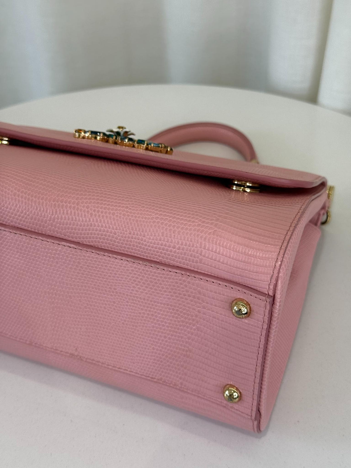 Dolce Gabbana Medium Miss Sicily Pink Iguana Embossed Leather Crystal DG Logo