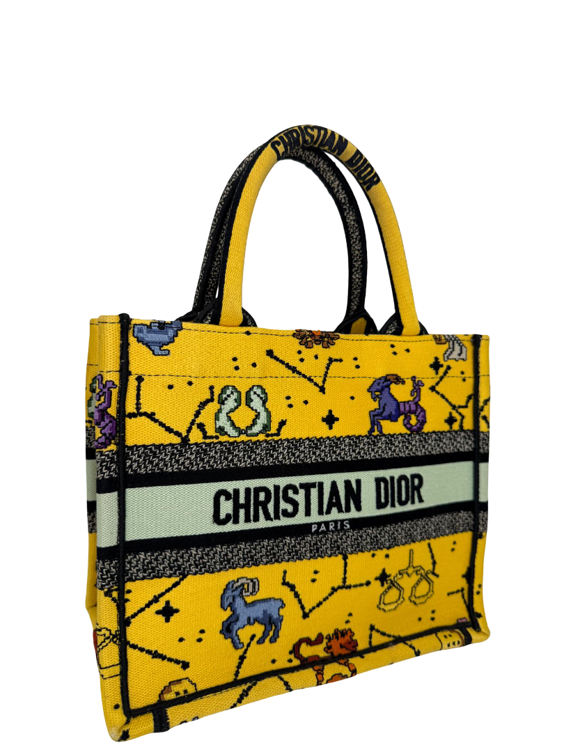 Christian Dior Canvas Embroidered Small Pixel Zodiac Book Tote Yellow