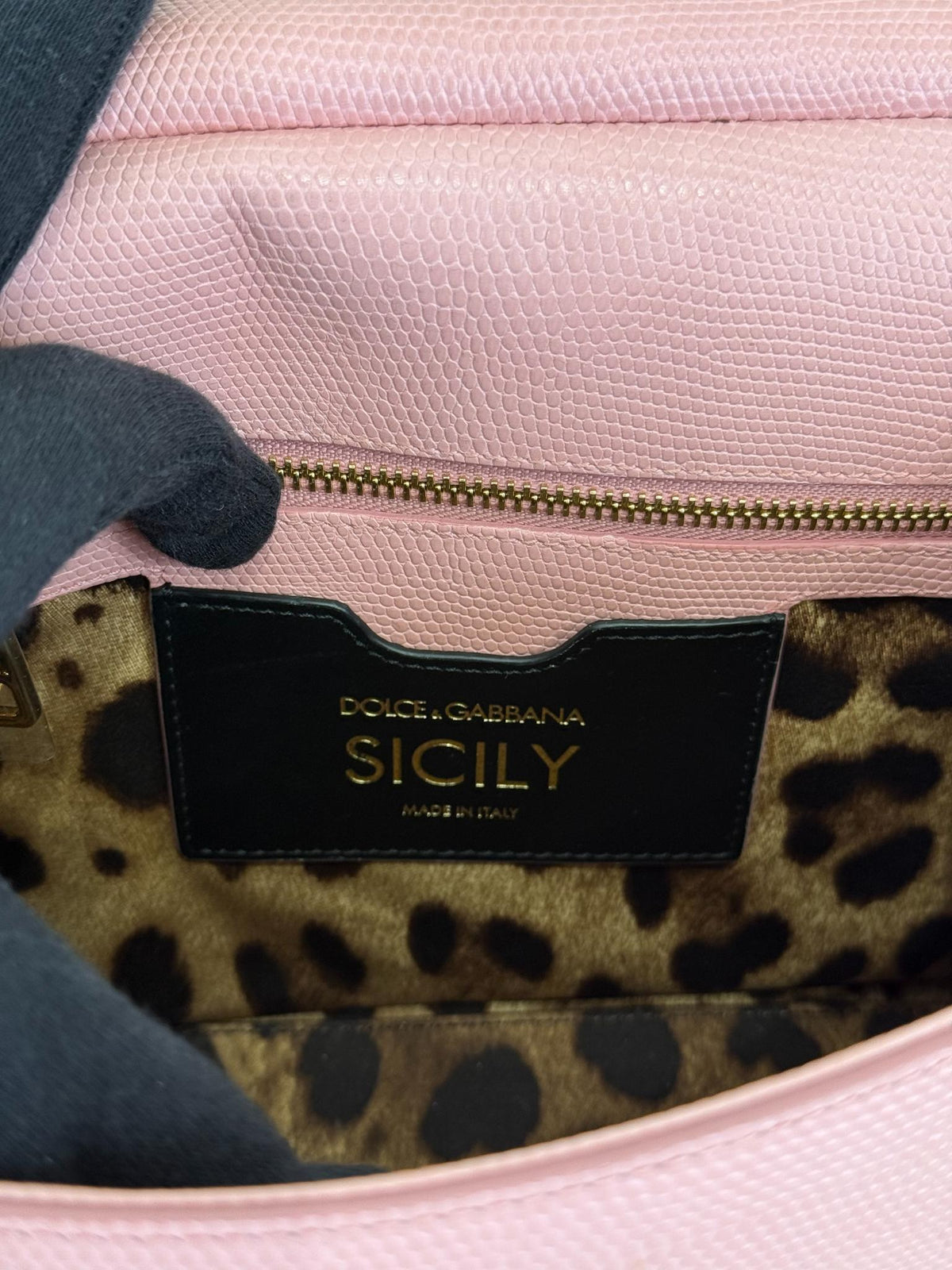 Dolce Gabbana Medium Miss Sicily Pink Iguana Embossed Leather Crystal DG Logo