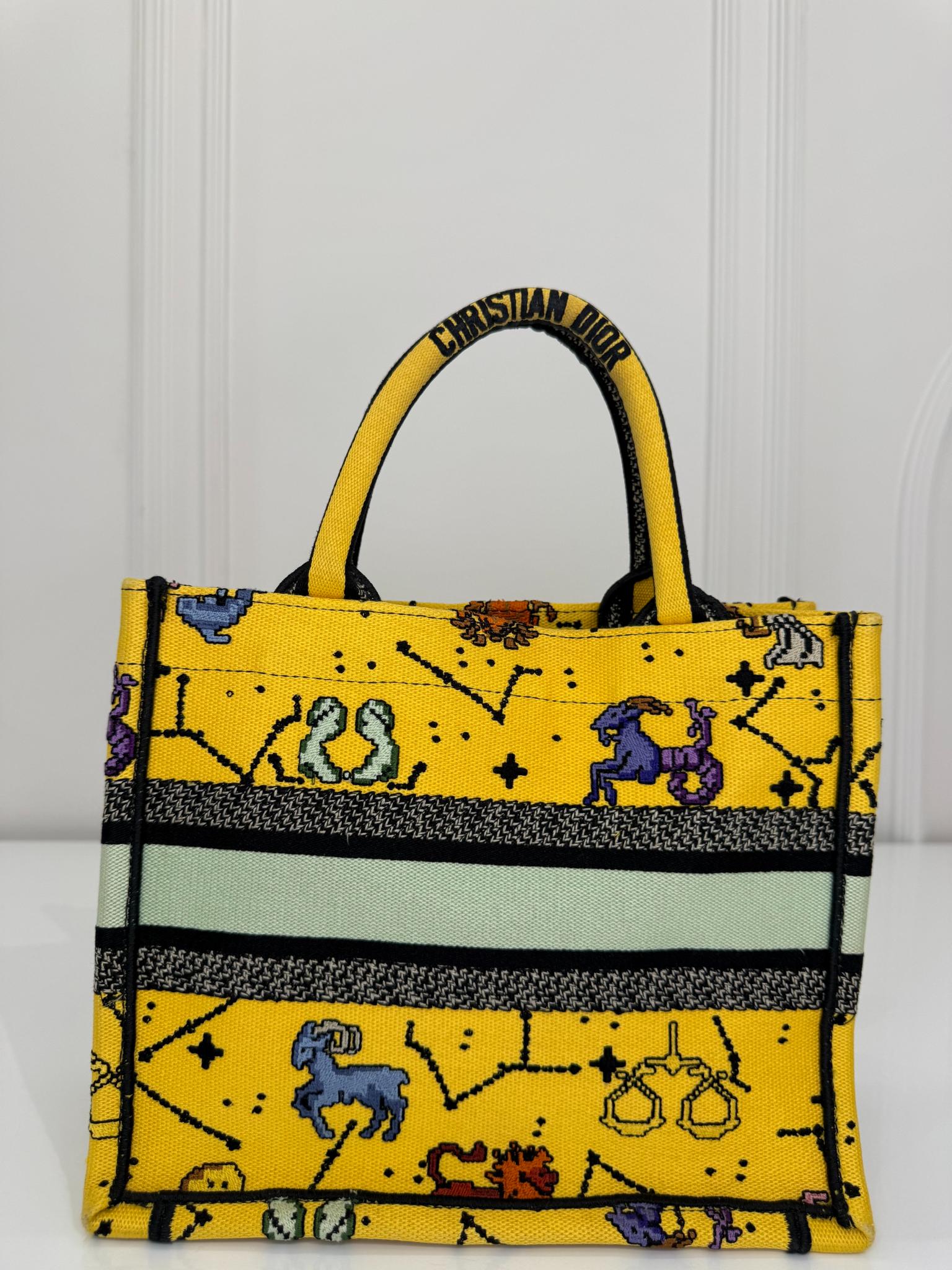 Christian Dior Canvas Embroidered Small Pixel Zodiac Book Tote Yellow
