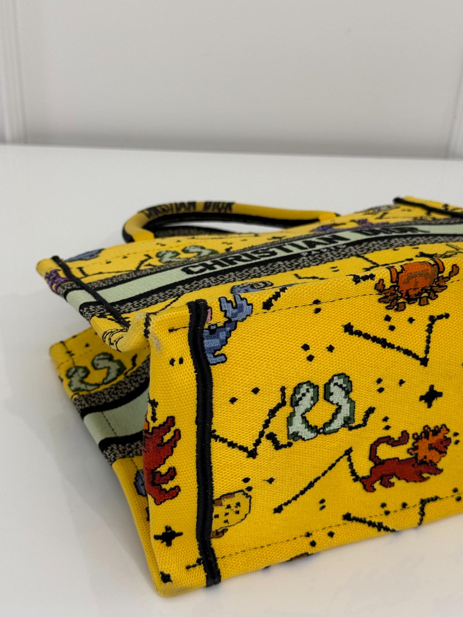 Christian Dior Canvas Embroidered Small Pixel Zodiac Book Tote Yellow