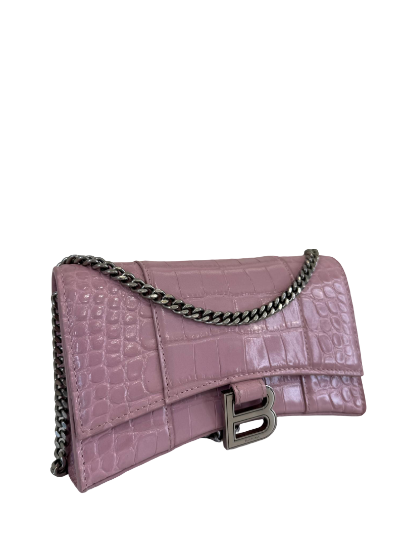 Balenciaga Hourglass Pink Croc Embossed Leather Wallet On Chain