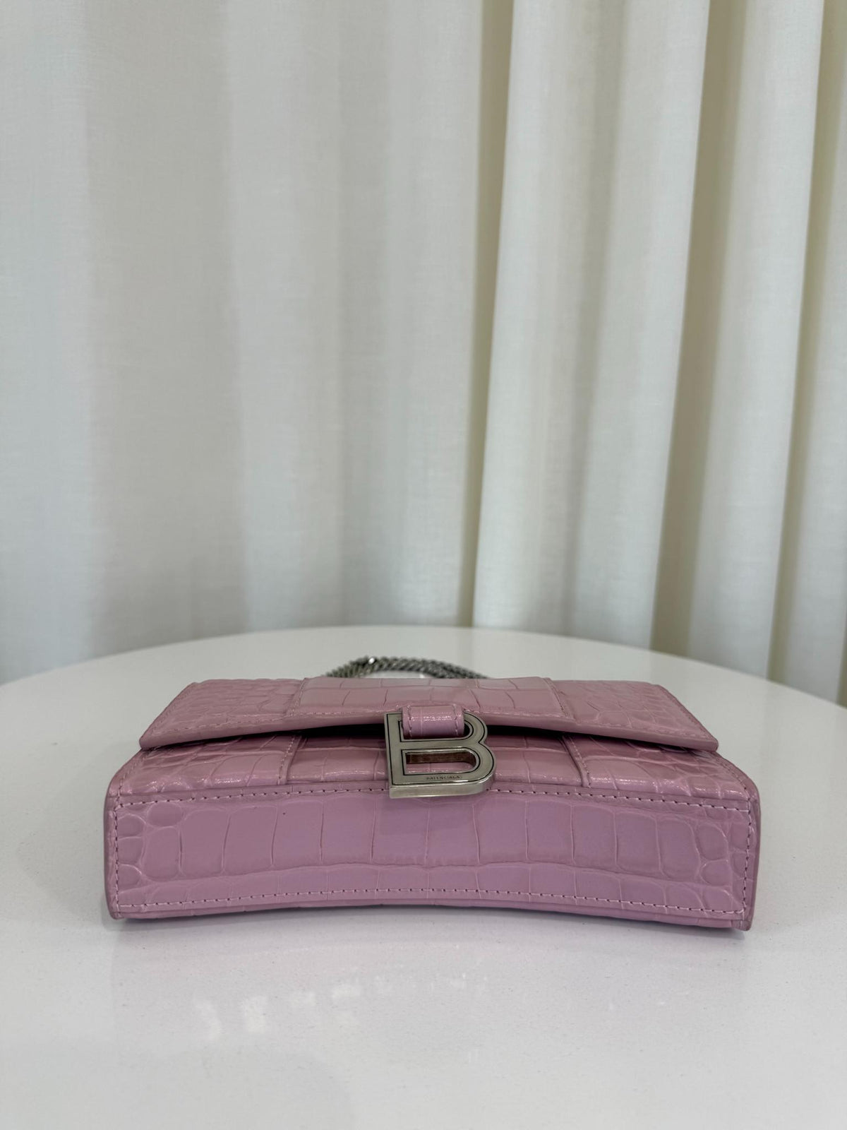 Balenciaga Hourglass Pink Croc Embossed Leather Wallet On Chain