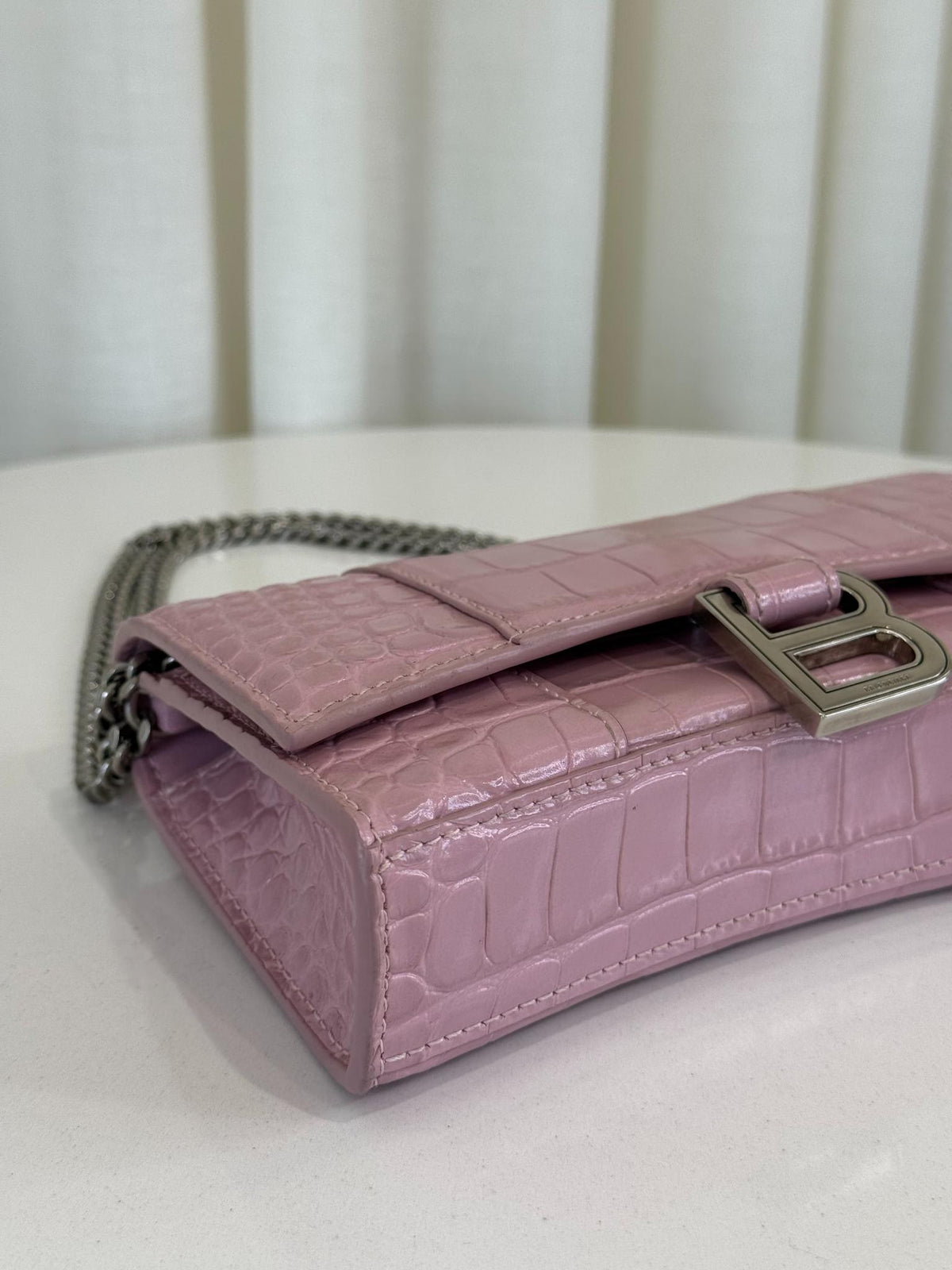 Balenciaga Hourglass Pink Croc Embossed Leather Wallet On Chain