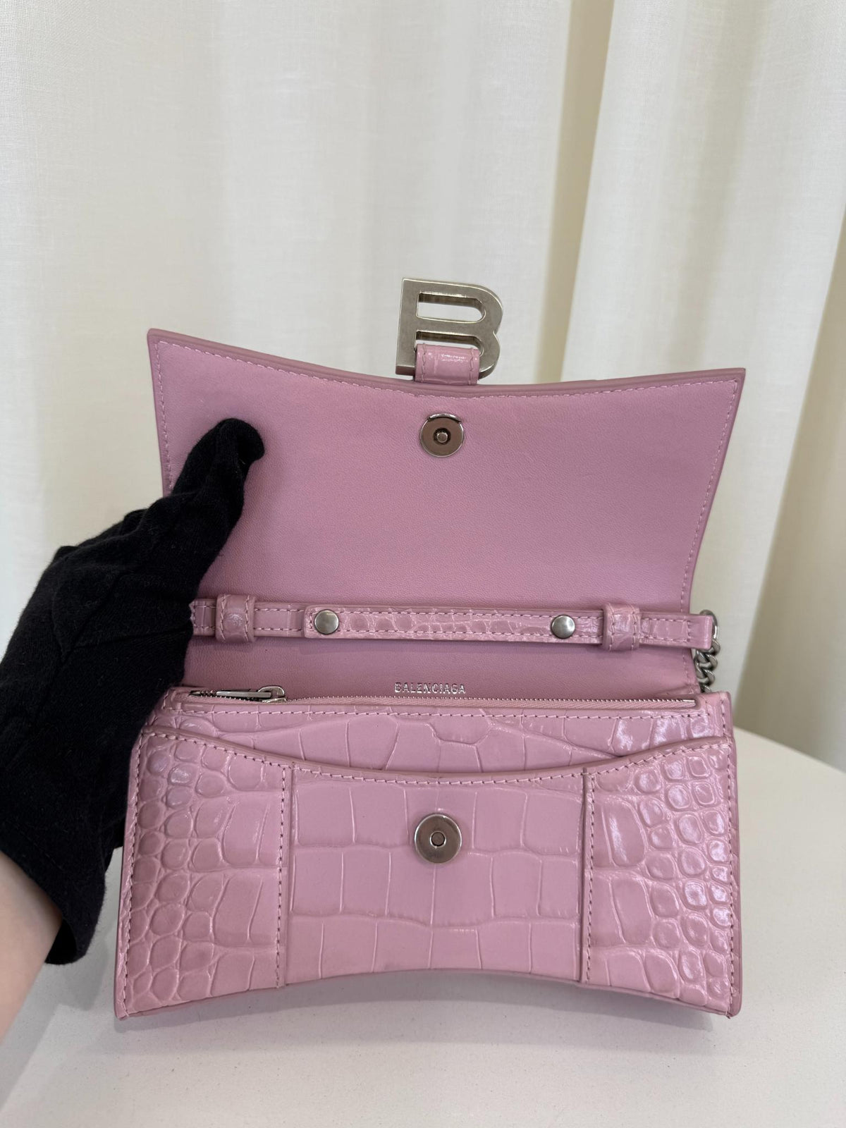 Balenciaga Hourglass Pink Croc Embossed Leather Wallet On Chain