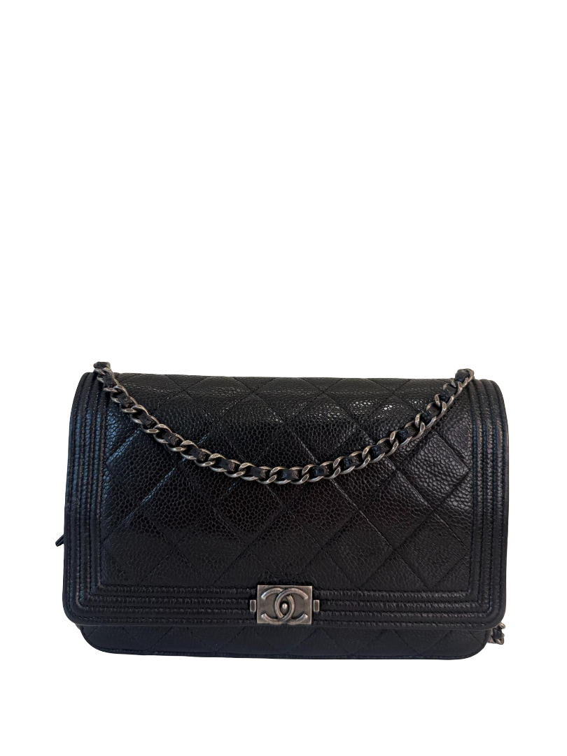Chanel Boy Caviar Quilted Diamond Black Wallet On Chain