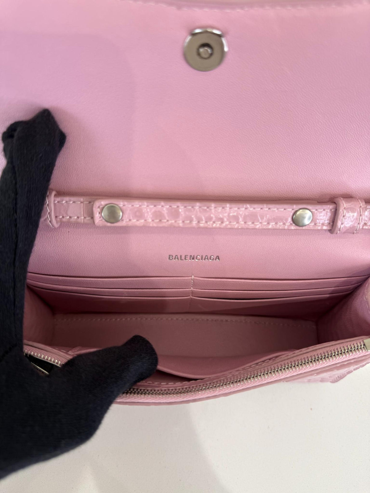 Balenciaga Hourglass Pink Croc Embossed Leather Wallet On Chain