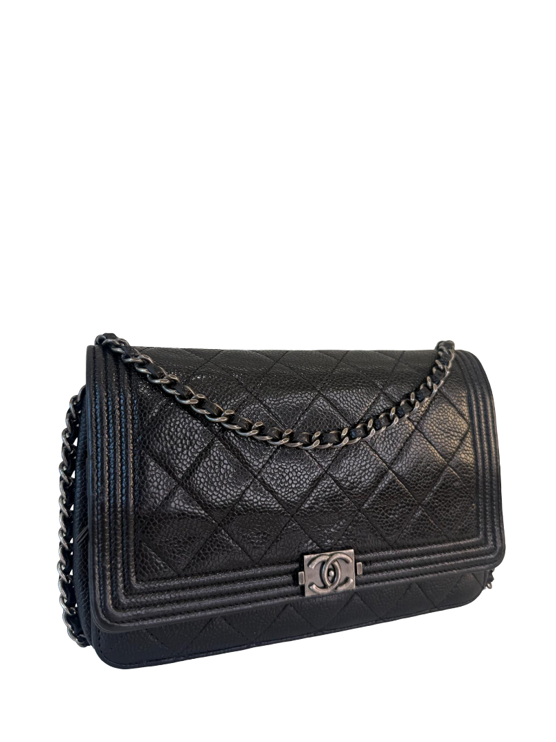 Chanel Boy Caviar Quilted Diamond Black Wallet On Chain