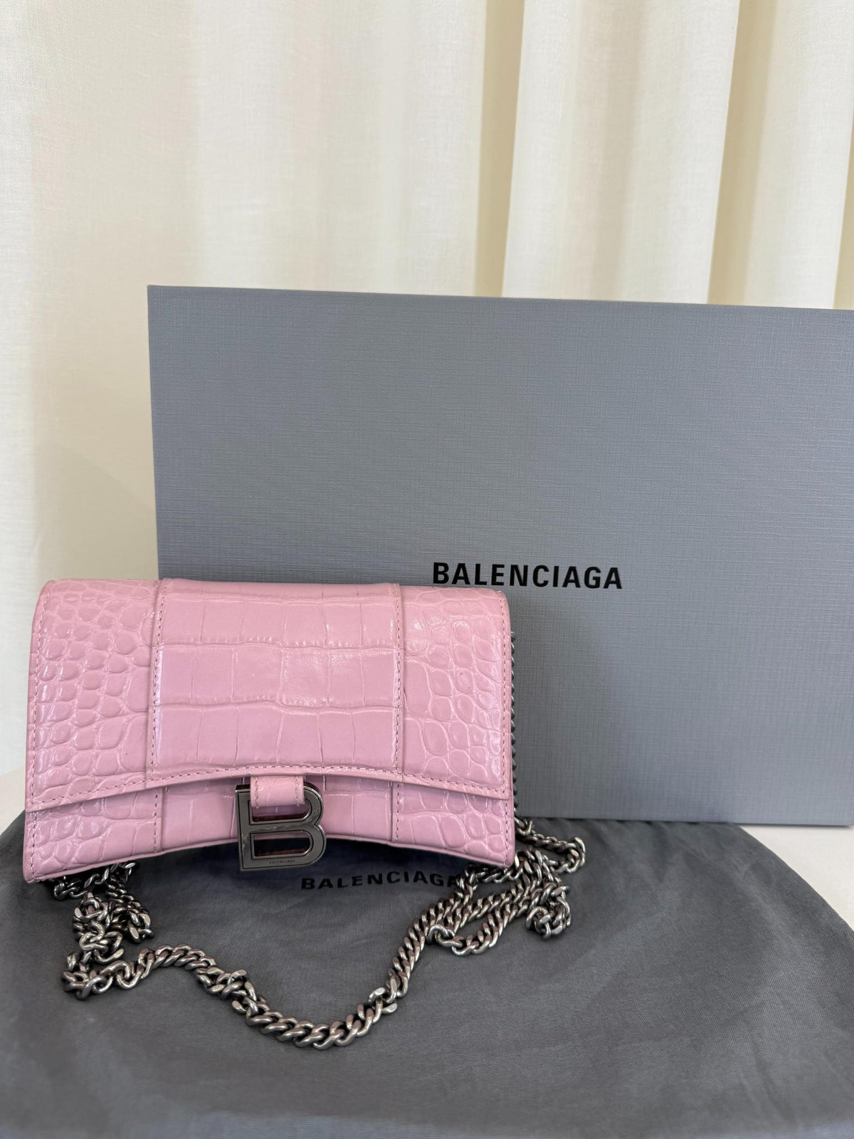 Balenciaga Hourglass Pink Croc Embossed Leather Wallet On Chain