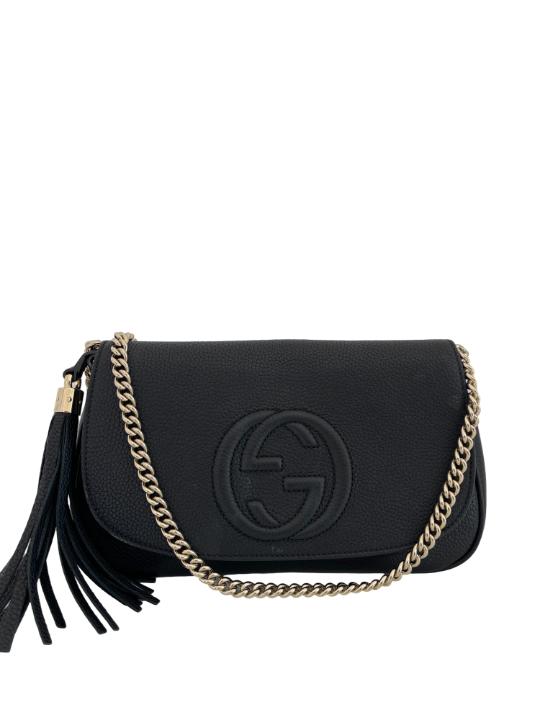 Gucci Soho Black Pebbled Calfskin Medium Flap Crossbody Bag