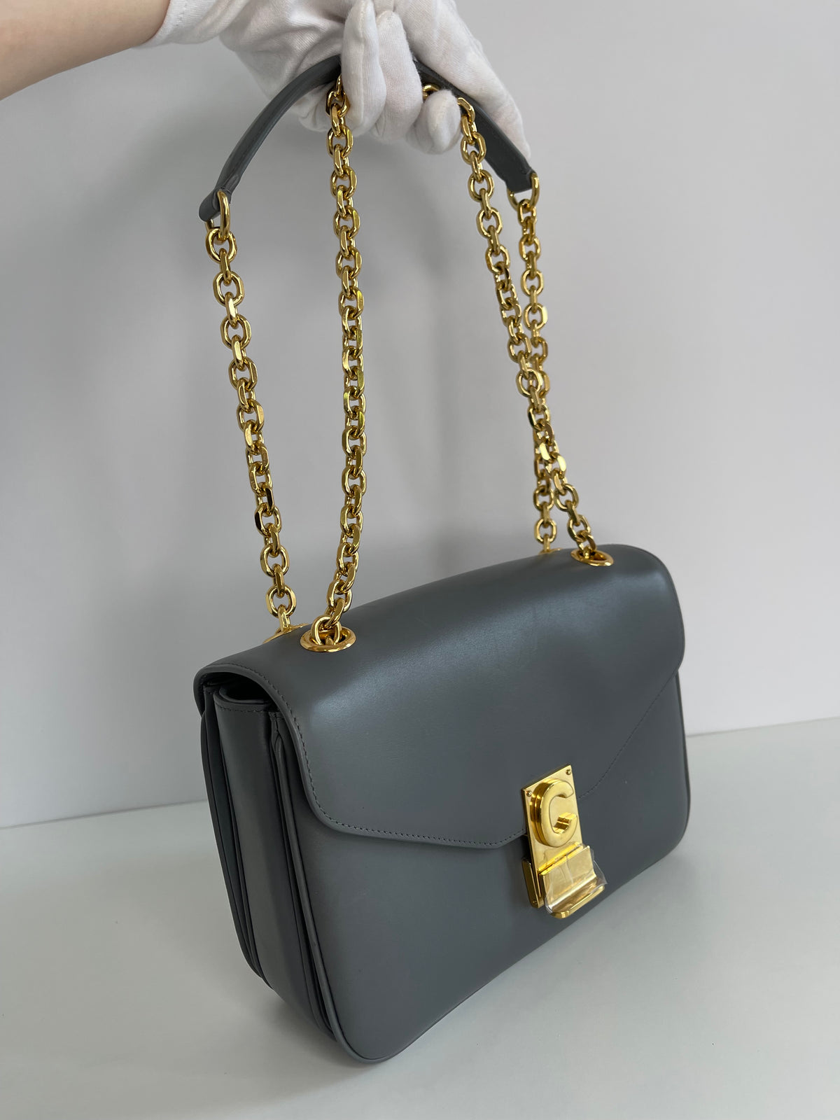Celine C Bag Grey Calfskin Leather Medium Shoulder Flap