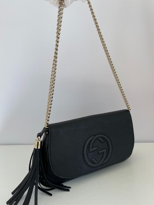 Gucci Soho Black Pebbled Calfskin Medium Flap Crossbody Bag